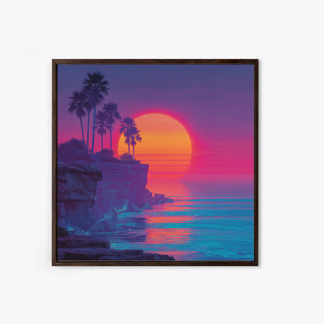 Neon Tropical Sunset Cliff Wall Art, Retro Coastal Ocean Canvas Print For Modern Coastal Decor And Vibrant Living Room