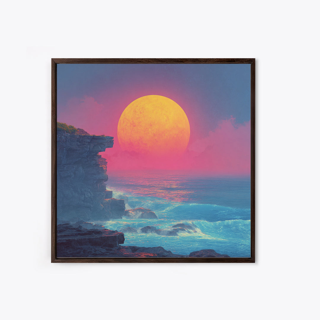 Surreal Neon Moon Over Ocean Cliff Painting Wall Art, Colorful Fantasy Seascape Print, Modern Coastal Abstract Decor