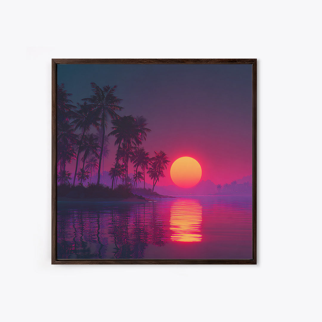 Neon Tropical Sunset Palm Tree Beach Wall Art, Vibrant Retro Coastal Landscape Canvas Print Home Decor