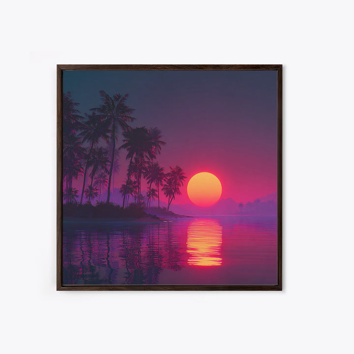 Neon Tropical Sunset Palm Tree Beach Wall Art, Vibrant Retro Coastal Landscape Canvas Print Home Decor