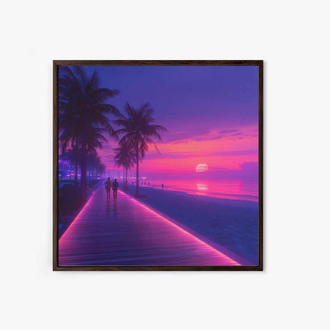 Neon Pink Boardwalk Beach Sunset Wall Art Retro Coastal Vibes Colorful Modern Home Decor Large Canvas Print Living Room Wall Art
