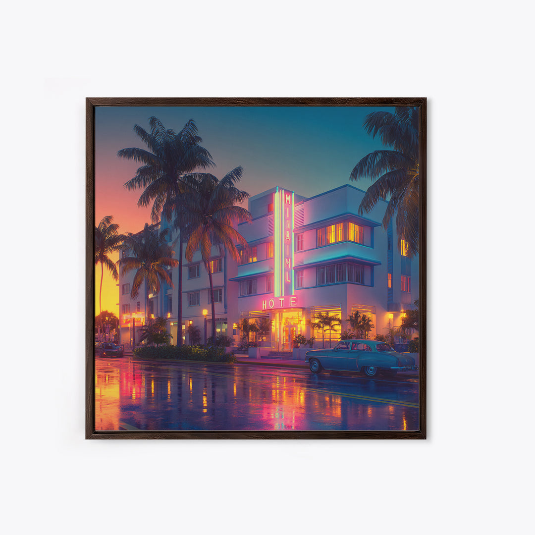 Miami Art Deco Hotel Night Cityscape Wall Art, Neon Coastal Canvas Print, Retro Urban Home Decor For Living Room