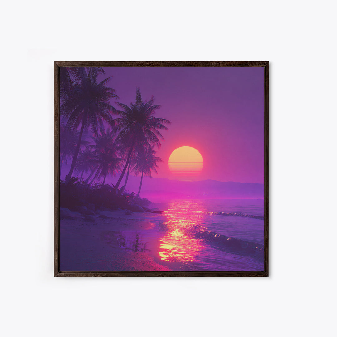 Neon Tropical Beach Sunset Wall Art, Vaporwave Palm Trees Canvas Print, Coastal Retro Ocean Art For Bedroom Or Living Room Decor