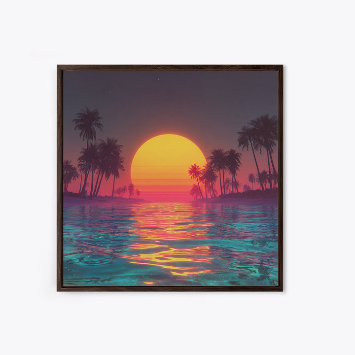Neon Sunset Palm Beach Wall Art For Coastal Home Decor, Retro Tropical Ocean Canvas Print, Modern Coastal Wall Art