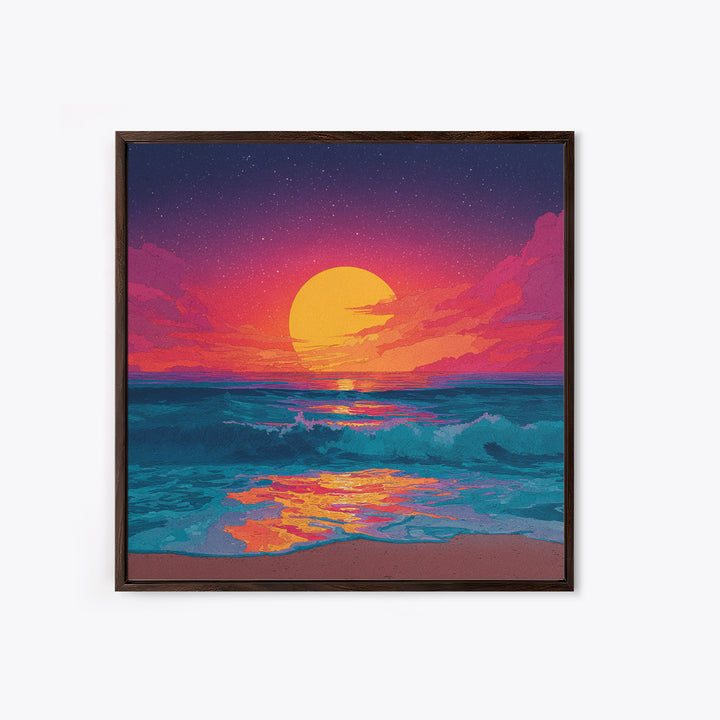 Colorful Ocean Sunset Waves Wall Art, Retro Beach Canvas Print, Modern Coastal Decor, Vibrant Seascape Living Room Art