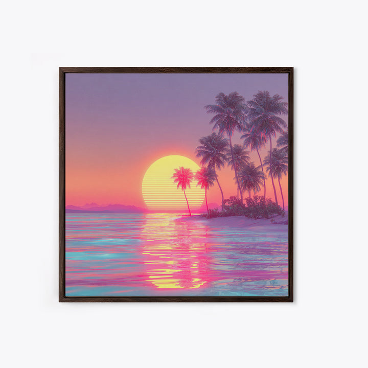 Dreamy Tropical Palm Trees Pink Sunset Beach Canvas Print, Coastal Wall Art, Vaporwave Ocean Decor, Pastel Summer Poster