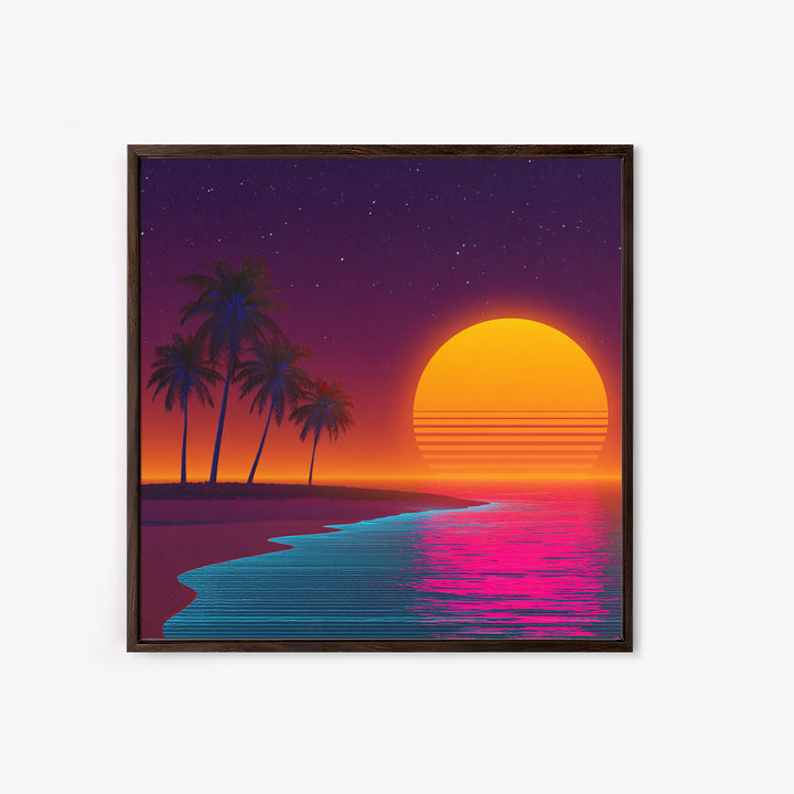 Neon Island Sunset Palm Tree Canvas Print, Retro Tropical Beach Wall Art, Bold Synthwave Coastal Decor, Colorful Bedroom Wall Art