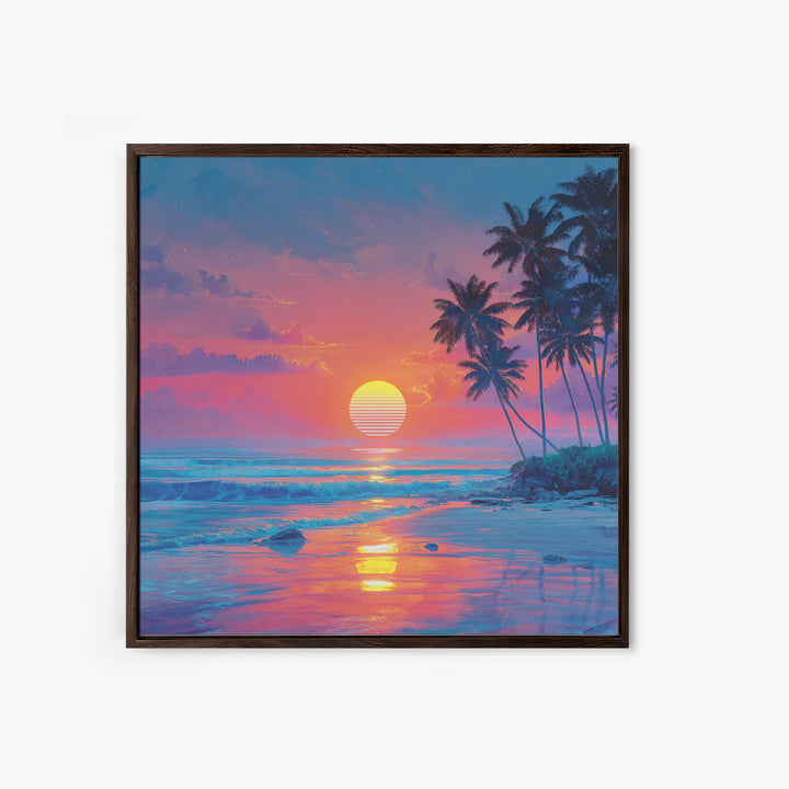 Dreamy Tropical Beach Sunset With Palms Wall Art, Pastel Coastal Canvas Print For Relaxing Modern Home Decor