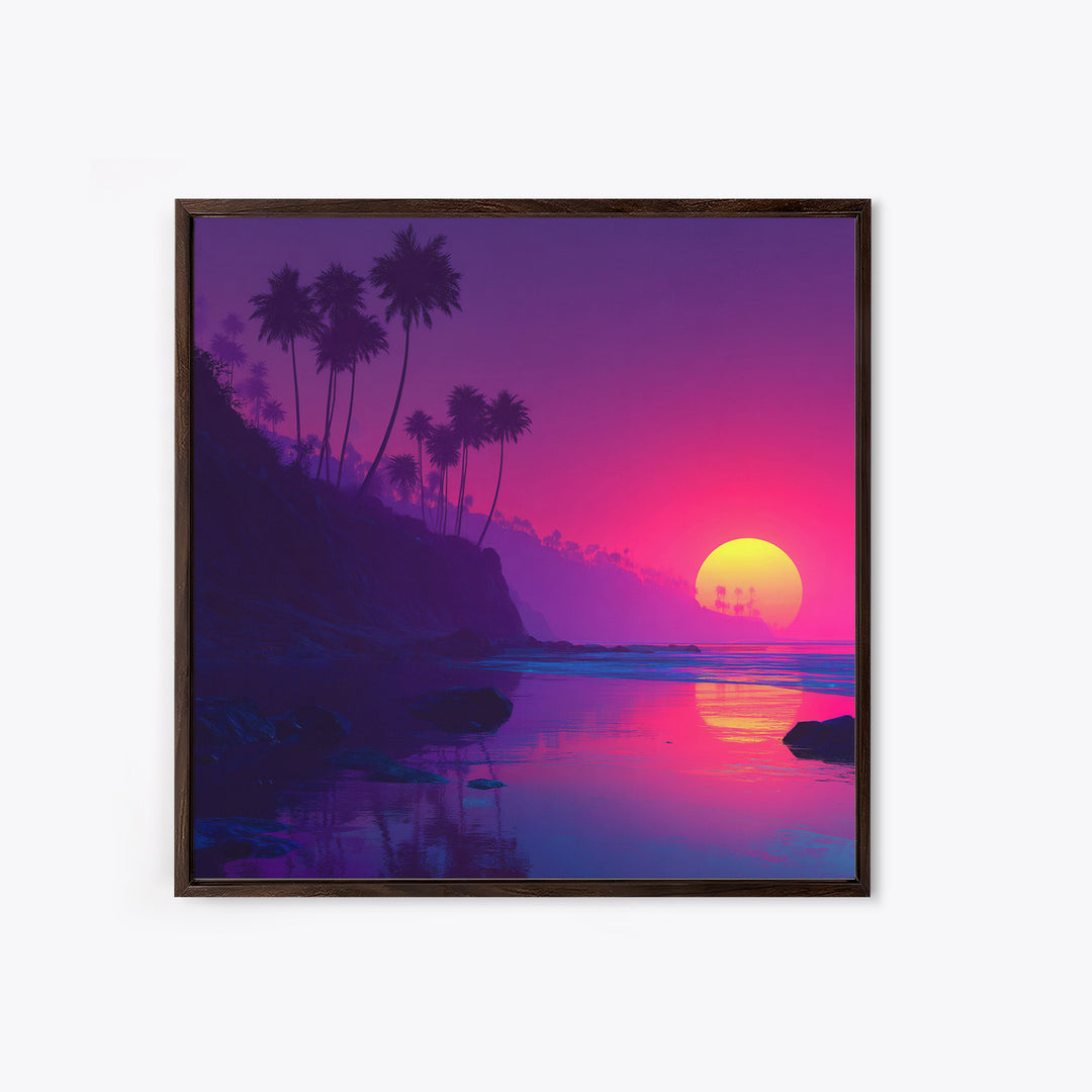 Neon Sunset Tropical Beach Wall Art, Vibrant Palm Tree Coastal Canvas Print For Modern Coastal Home And Bedroom Decor
