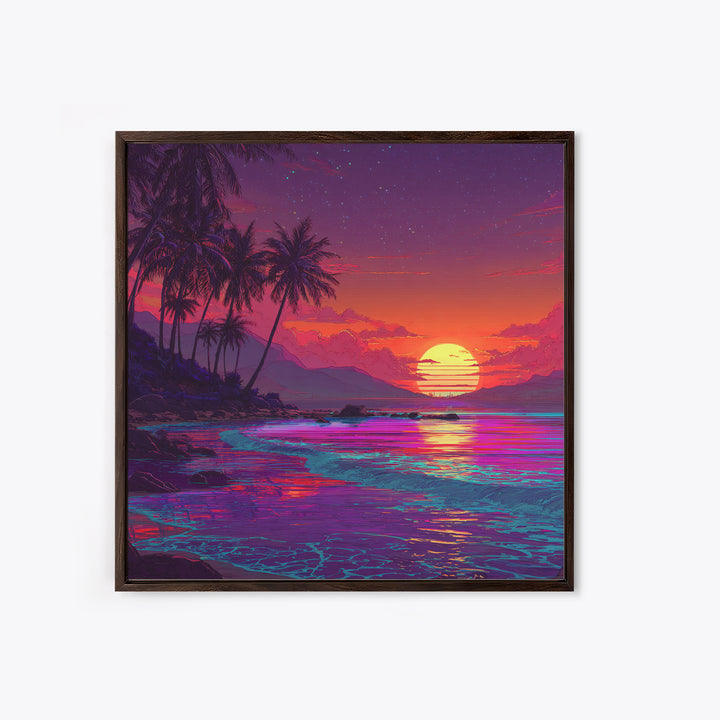 Neon Tropical Beach Sunset Wall Art, Vibrant Ocean Landscape Canvas Print, Retro Coastal Decor, Modern Living Room Wall Decor