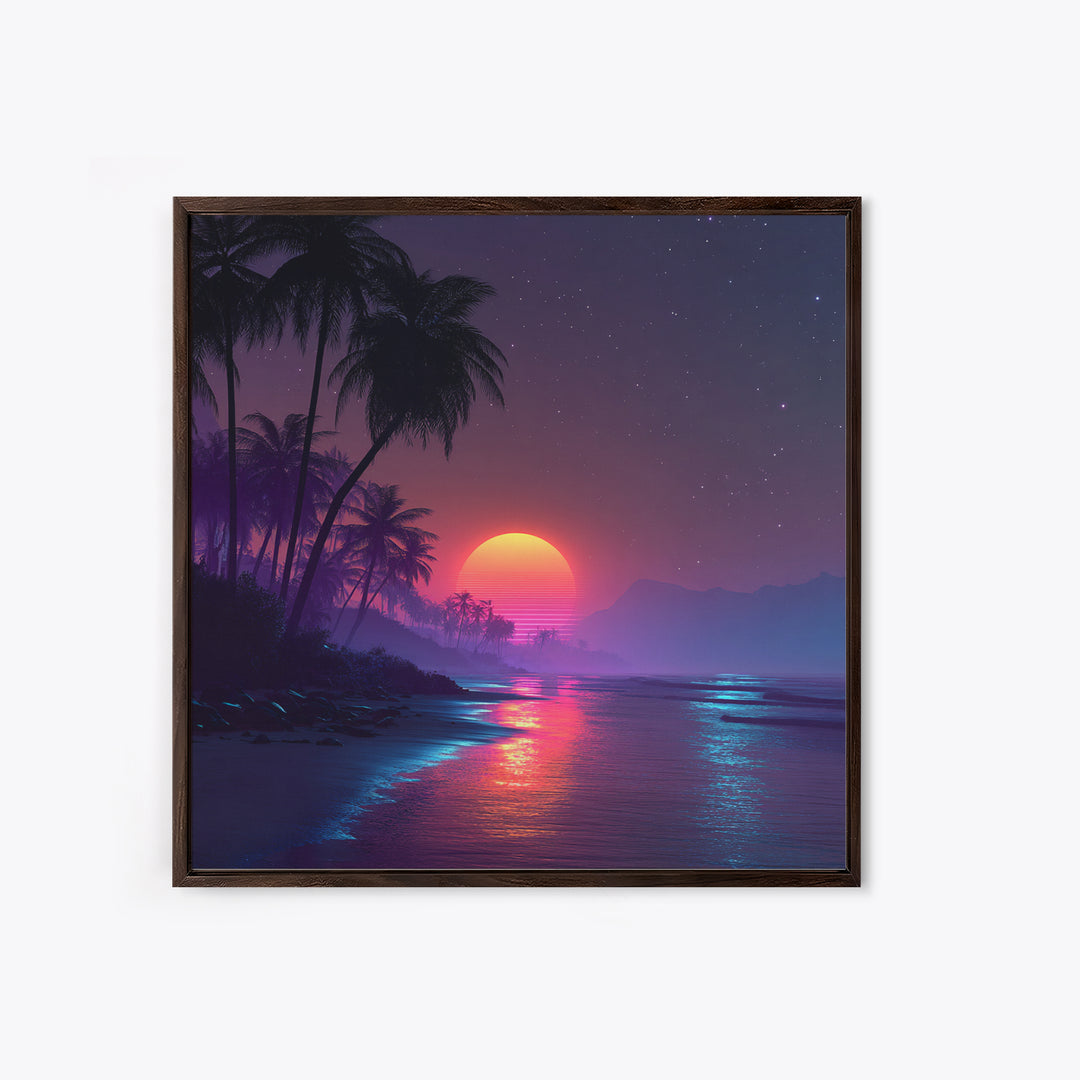 Neon Tropical Beach Sunset Wall Art, Retro Coastal Palm Tree Canvas Print, Vibrant Ocean Night Sky Home Decor