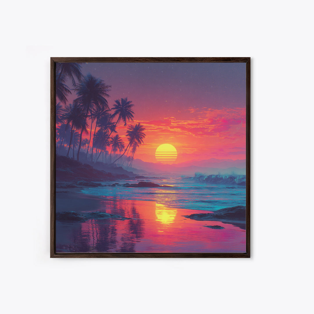 Tropical Pink Sunset Beach Wall Art, Palm Tree Coastal Ocean Canvas Print For Modern Coastal Decor And Bedroom Wall