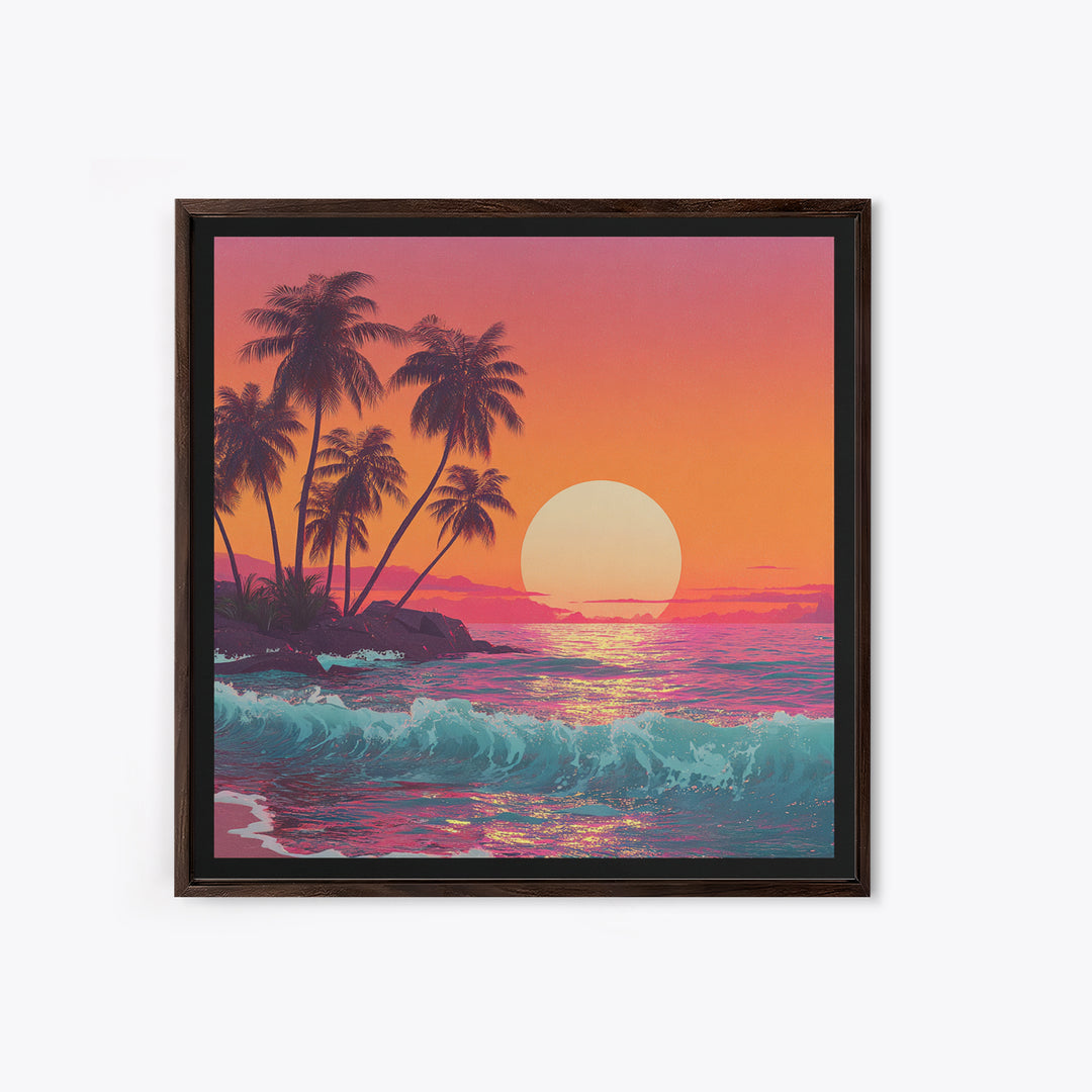Retro Tropical Sunset Wall Art, Pink And Orange Beach Canvas Print, Aesthetic Coastal Decor For Bedroom