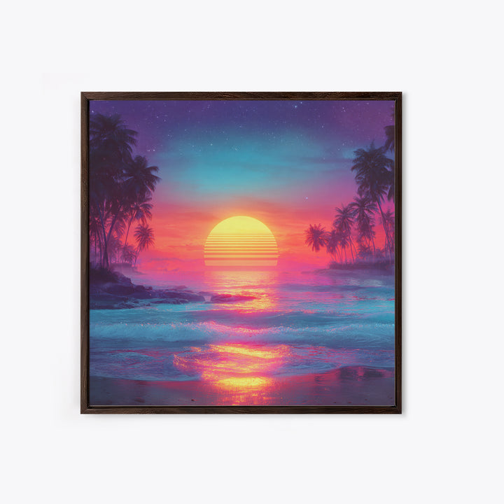 Neon Tropical Sunset Beach Wall Art, Retro Ocean Landscape Canvas Print, Coastal Home Decor, Modern Abstract Seascape