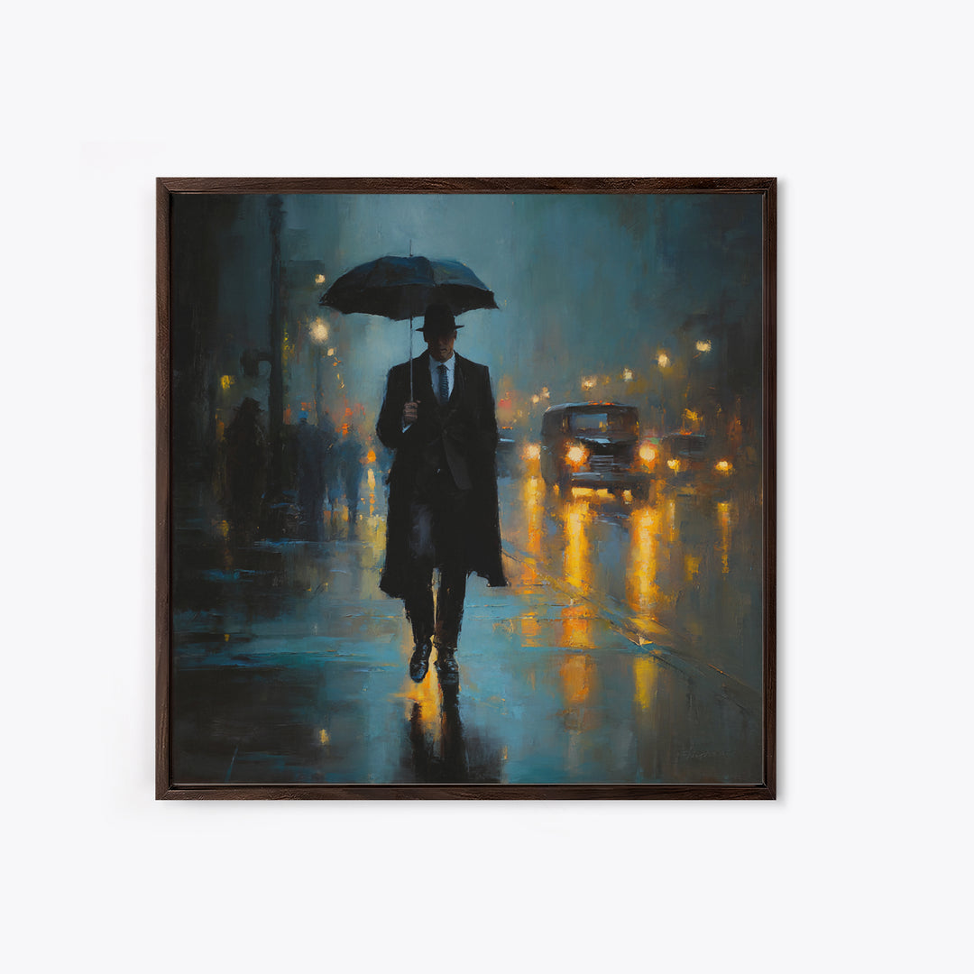 Noir Gentleman With Umbrella In Rainy City Wall Art, Moody Oil Painting Print, Dark Academia Office Decor, Gift For Him
