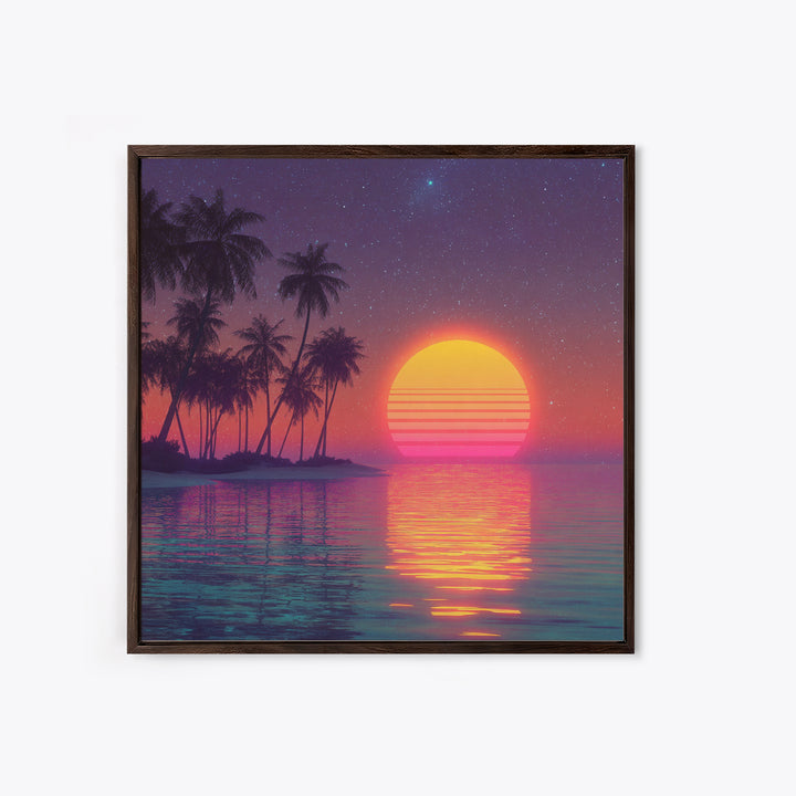 Neon Tropical Beach Palm Trees Retro Sunset Night Sky Wall Art Canvas Print Coastal Decor Bedroom Living Room Wall Art