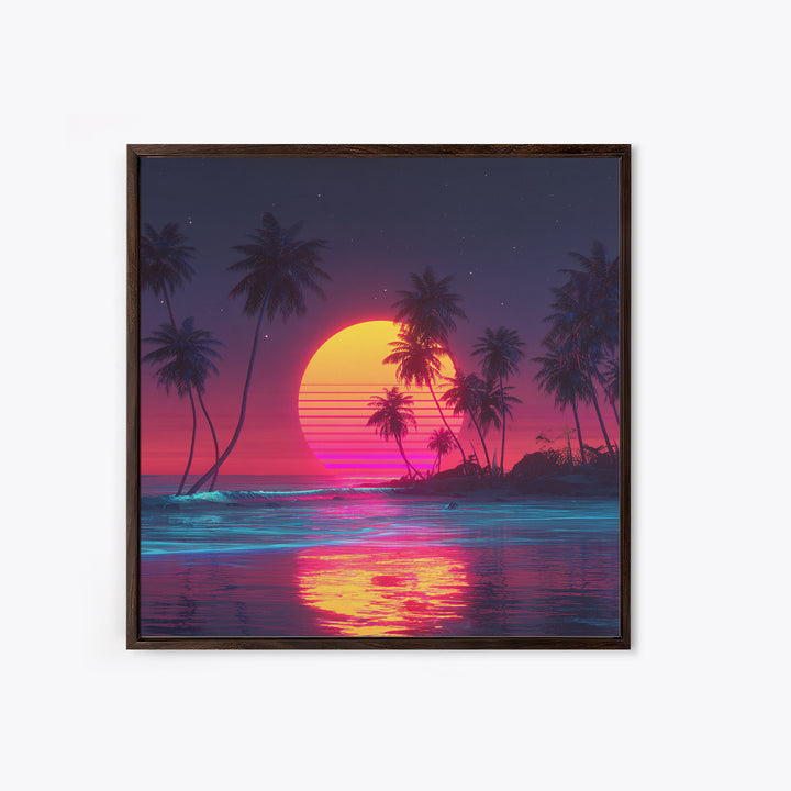 Neon Tropical Beach Sunset With Palms Wall Art, Retro Vaporwave Ocean Night Sky Canvas Print