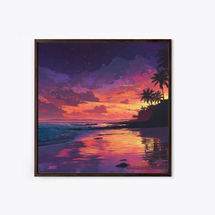 Vibrant Tropical Sunset Beach Wall Art, Colorful Coastal Ocean Painting Print, Summer Beach House Decor Living Room Wall Art