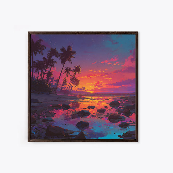 Serene Tropical Sunset With Palm Trees Reflection Over Water Vibrant Wall Art Framed Canvas Print For Coastal Home Decor