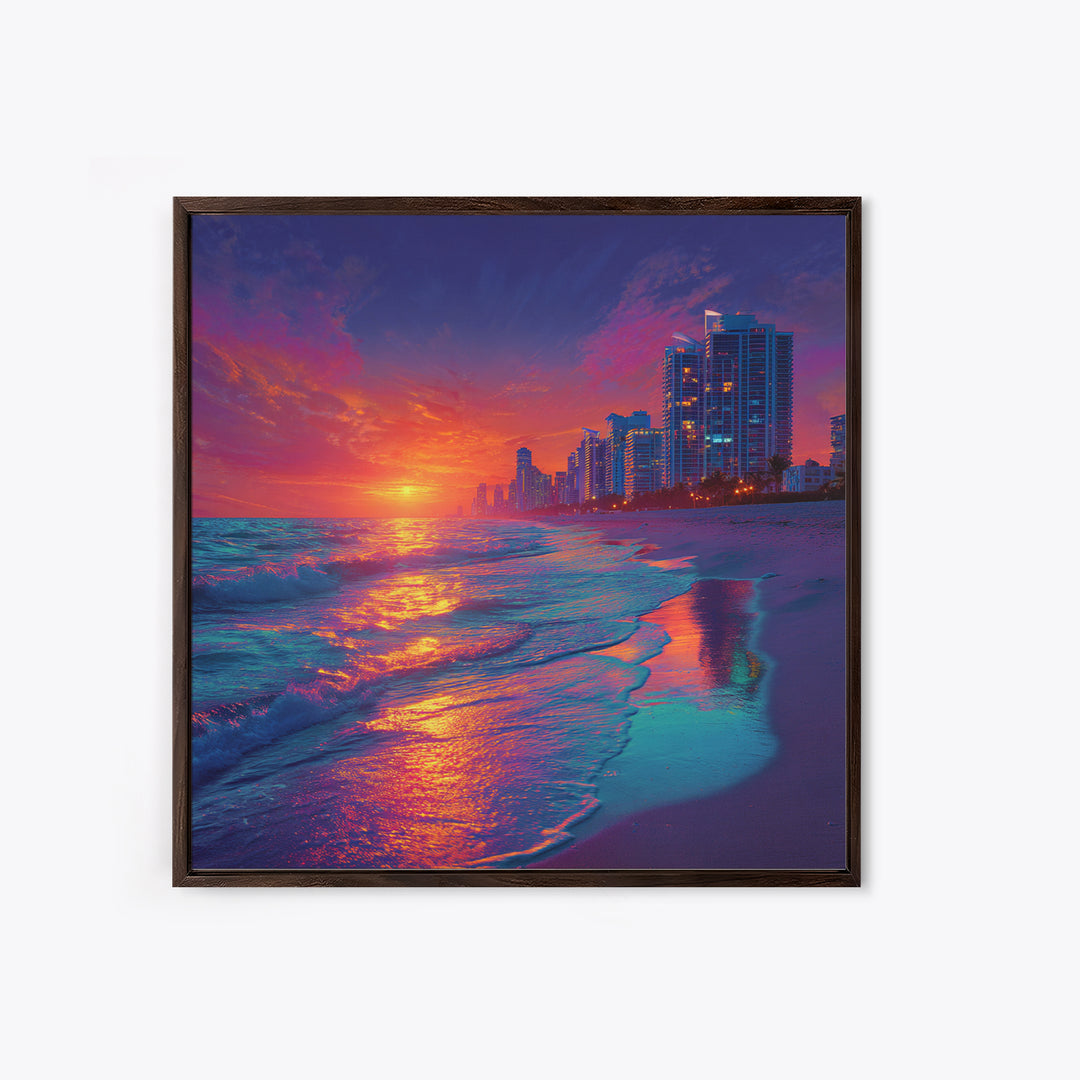 Vibrant City Beach Sunset Skyline Canvas Print, Colorful Coastal Wall Art, Modern Ocean Painting Living Room Home Decor