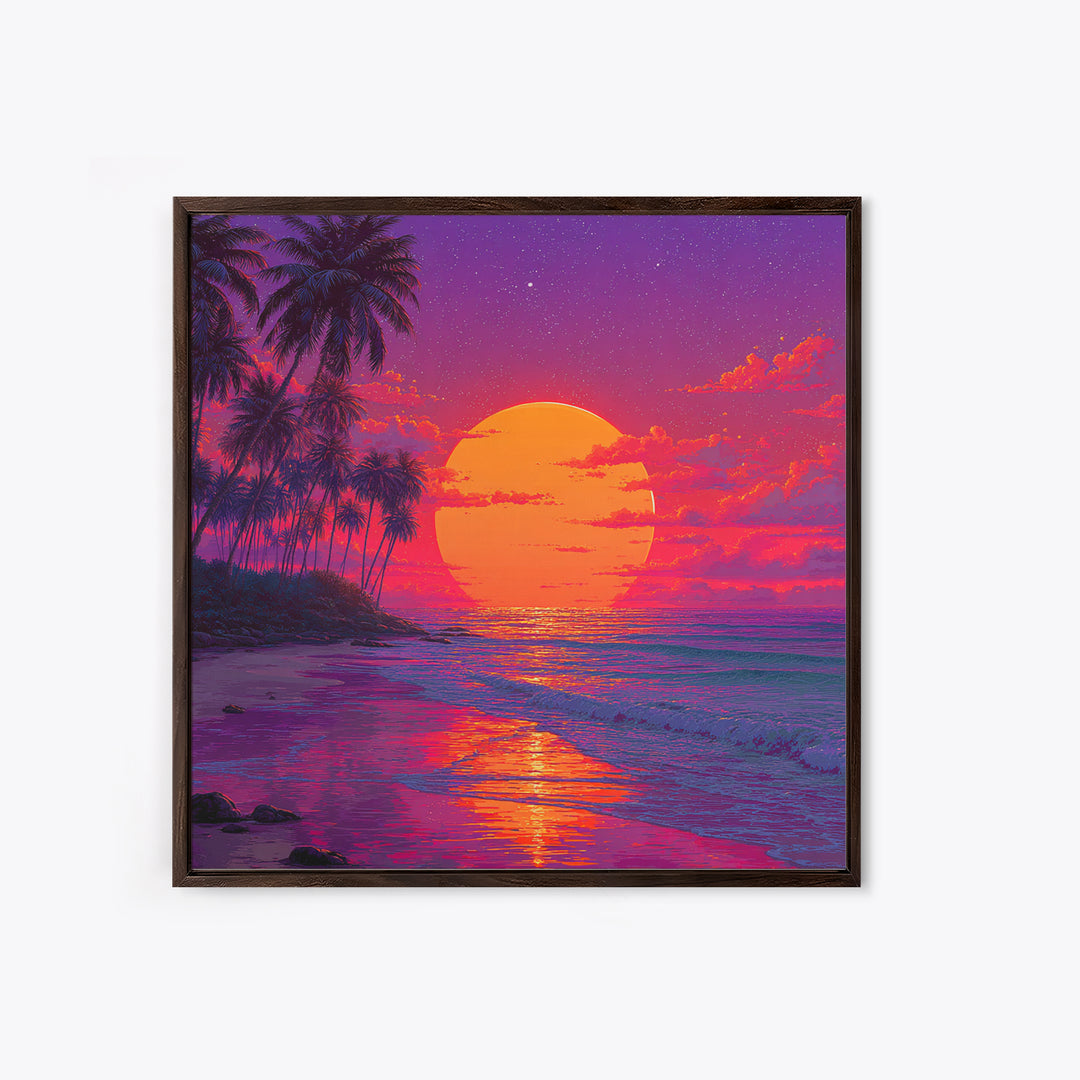 Vibrant Tropical Sunset Beach Wall Art, Palm Tree Ocean Horizon Print, Retro Coastal Summer Decor Canvas Print