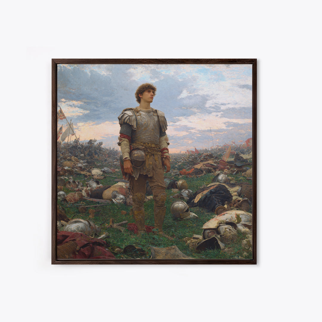 Young Knight Standing After Battle Wall Art, Medieval Warrior Oil Painting, Historical Landscape, Statement Decor, Gift For Him
