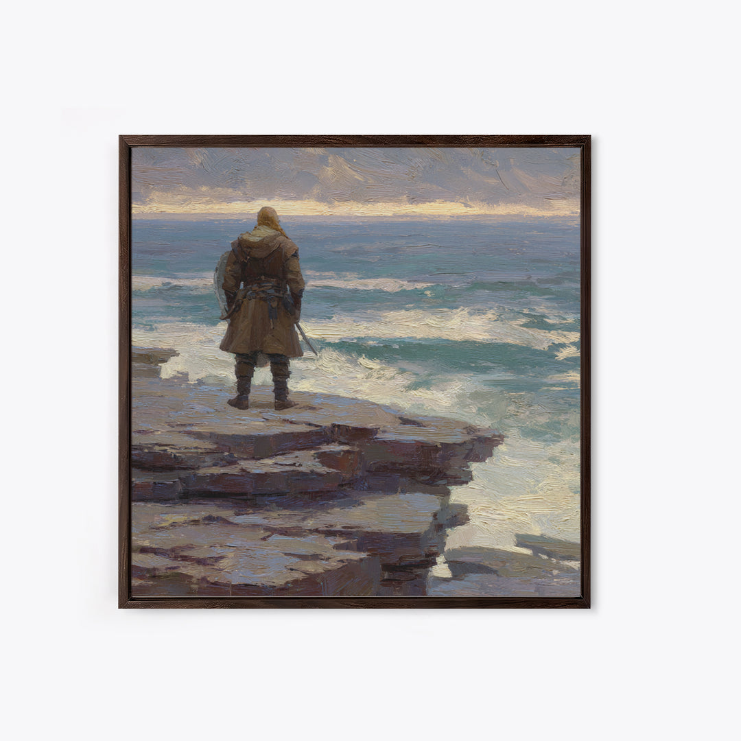 Lone Warrior On Ocean Cliff, Moody Coastal Landscape Wall Art, Viking Seascape Canvas Print, Masculine Office Decor, Gift For Him