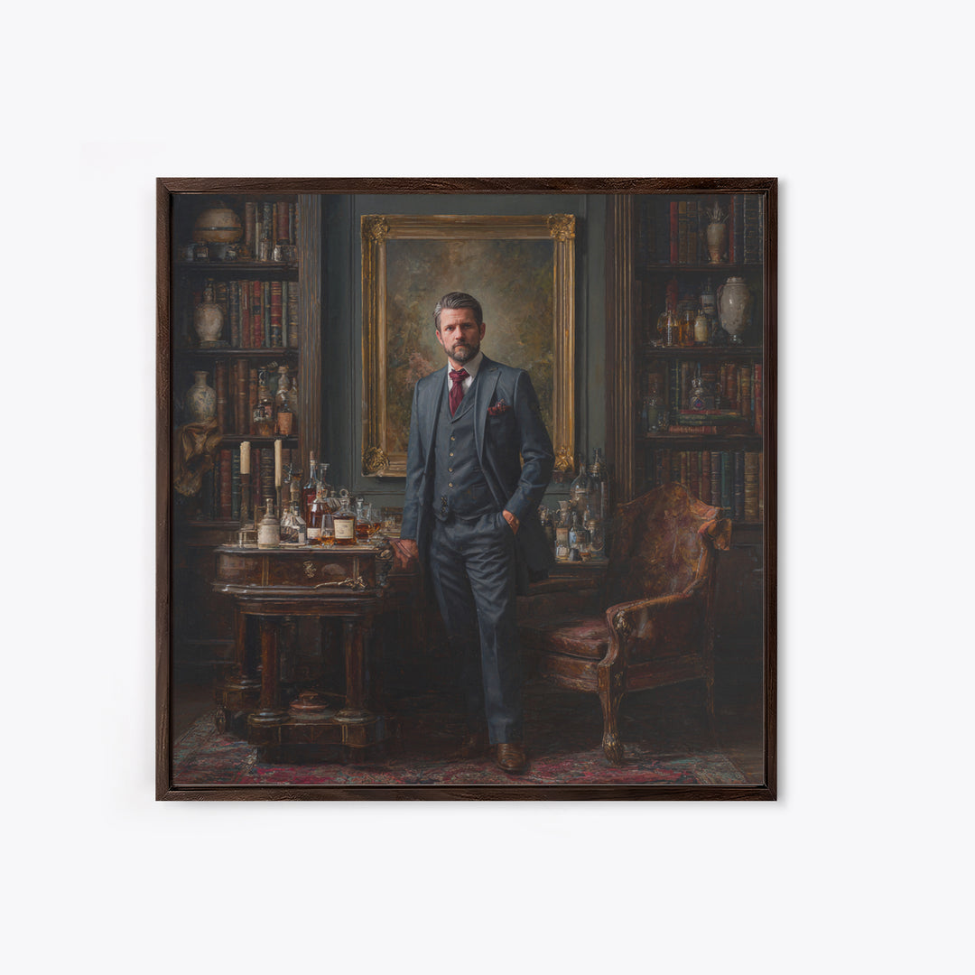 Dapper Gentleman In Antique Study Framed Canvas Print, Moody Portrait Oil Painting, Masculine Office Decor, Dark Academia Art