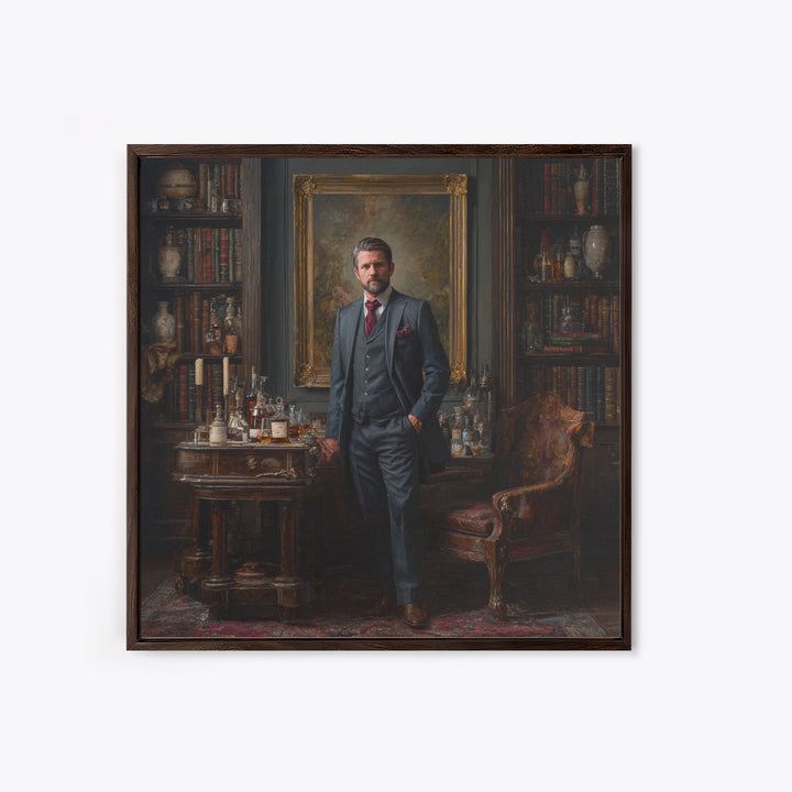 Dapper Gentleman In Antique Study Framed Canvas Print, Moody Portrait Oil Painting, Masculine Office Decor, Dark Academia Art