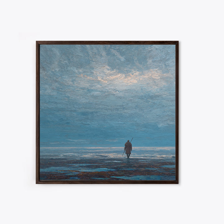 Lone Wanderer Crossing Icy Blue Shore Canvas Print, Minimalist Seascape Art, Calming Wall Art, Serene Coastal Bedroom Decor