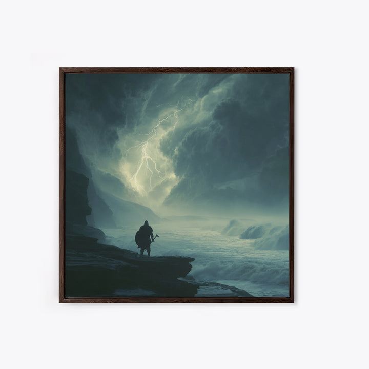 Lone Viking Facing Lightning Over Stormy Sea Wall Art, Dark Seascape Art, Fantasy Wall Decor, Moody Coastal Decor, Gift For Him