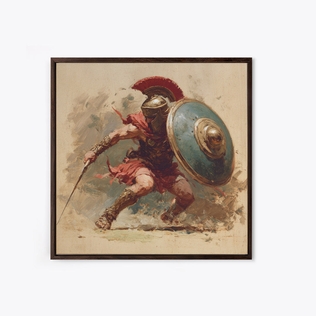 Spartan Warrior With Shield Wall Art, Red Plume Gladiator Action Painting, Bold Classical Canvas Print For Game Room Decor