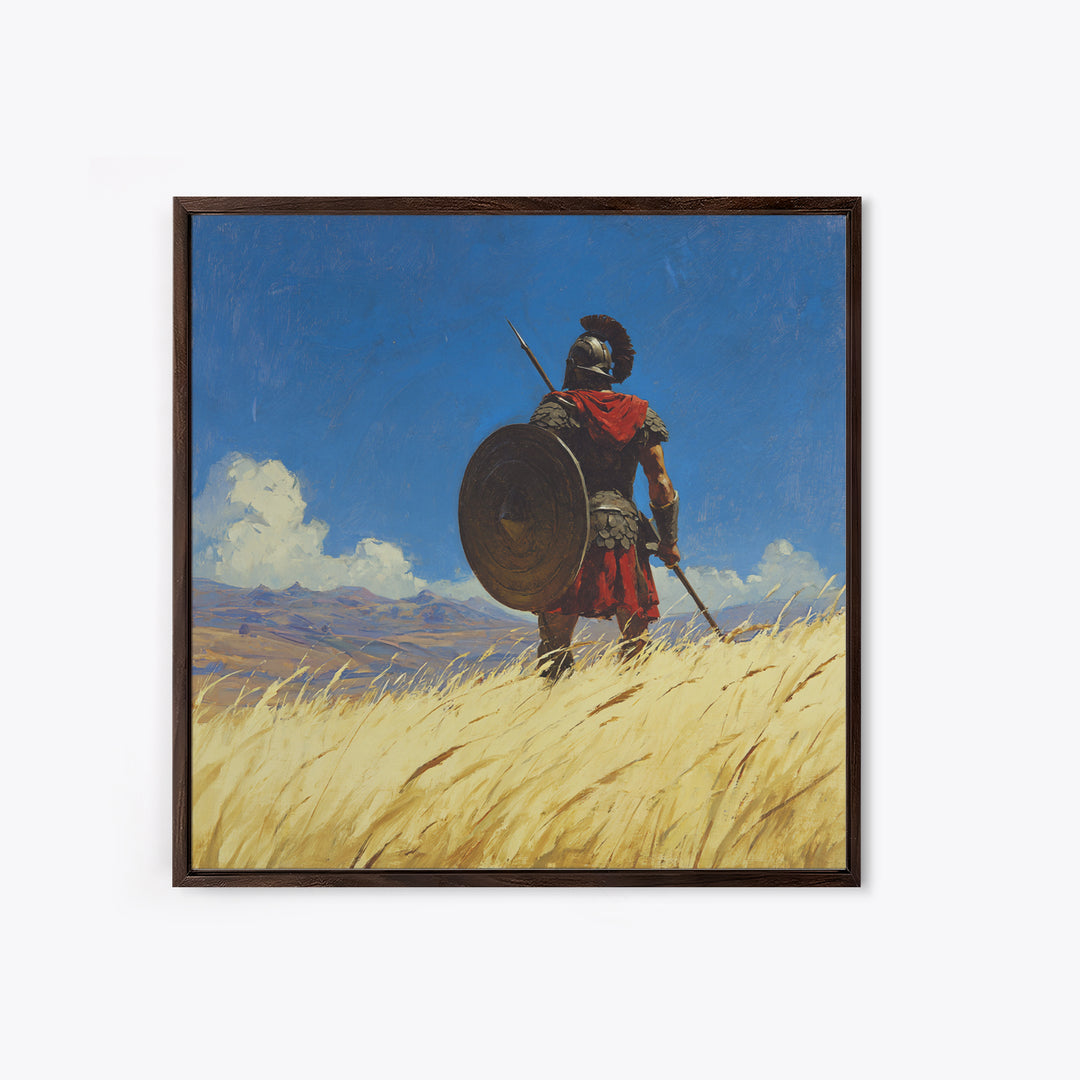 Spartan Warrior In Golden Field Framed Canvas Print, Ancient Greece Landscape, Masculine Wall Art, Western Office Decor Gift