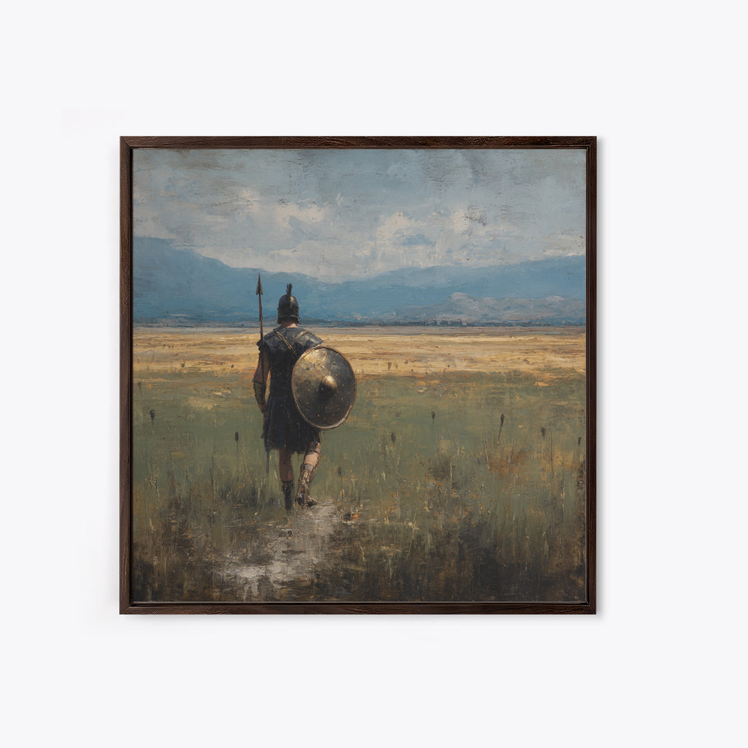 Lone Hoplite Crossing Golden Plains Wall Art, Ancient Greek Landscape Oil Painting, Historical Decor, Masculine Art Print