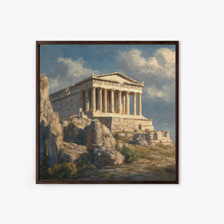 Sunlit Greek Temple On Rocky Acropolis Wall Art, Classical Architecture Oil Painting, Ancient Greece Decor, Fine Art Print