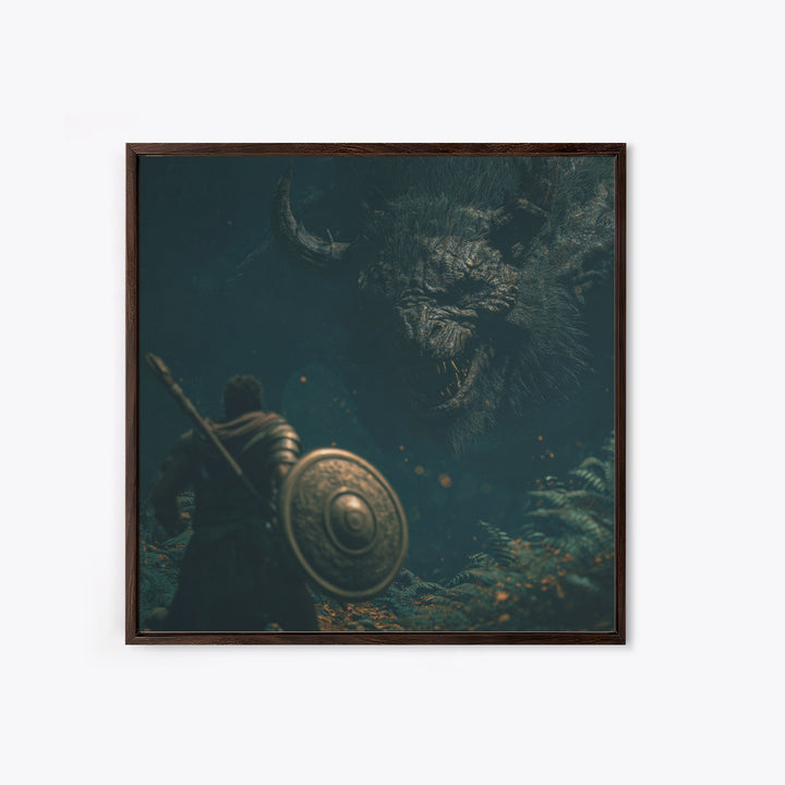 Hero Facing Giant Mythic Beast In Dark Forest Canvas Print, Fantasy Wall Art, Monster Art, Gothic Decor, Gift For Him, Dark Art