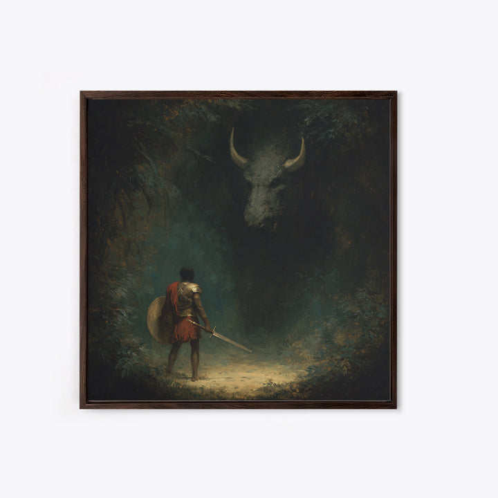 Hero Facing Shadow Minotaur In Dark Forest Framed Canvas Print, Mythological Fantasy Art, Moody Wall Decor, Gothic Art Gift