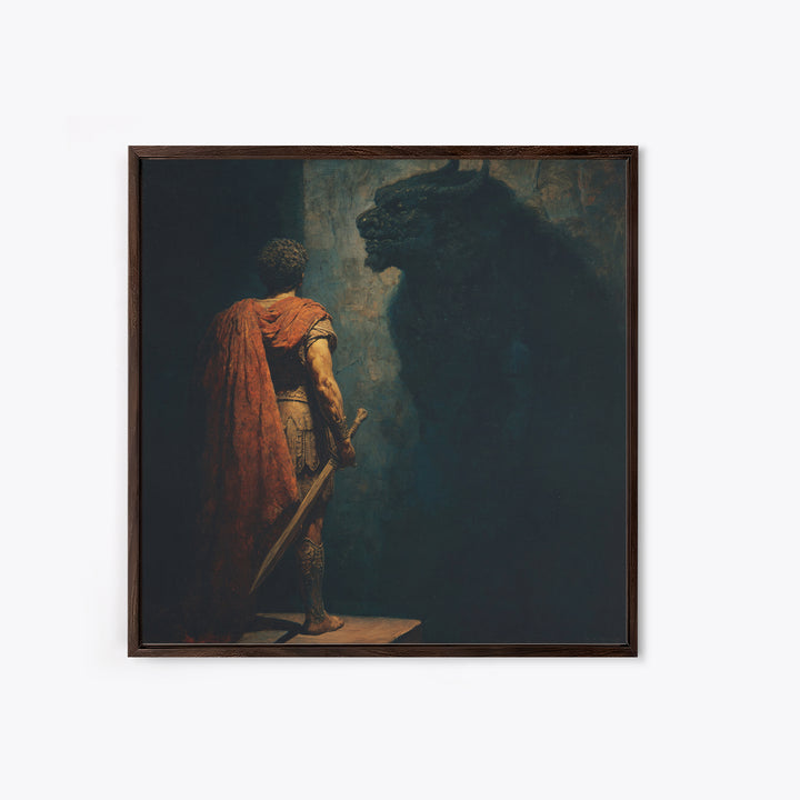 Hero Facing Minotaur In Shadows Canvas Print, Dark Mythology Wall Art, Ancient Greek Fantasy Decor, Dramatic Fine Art Print