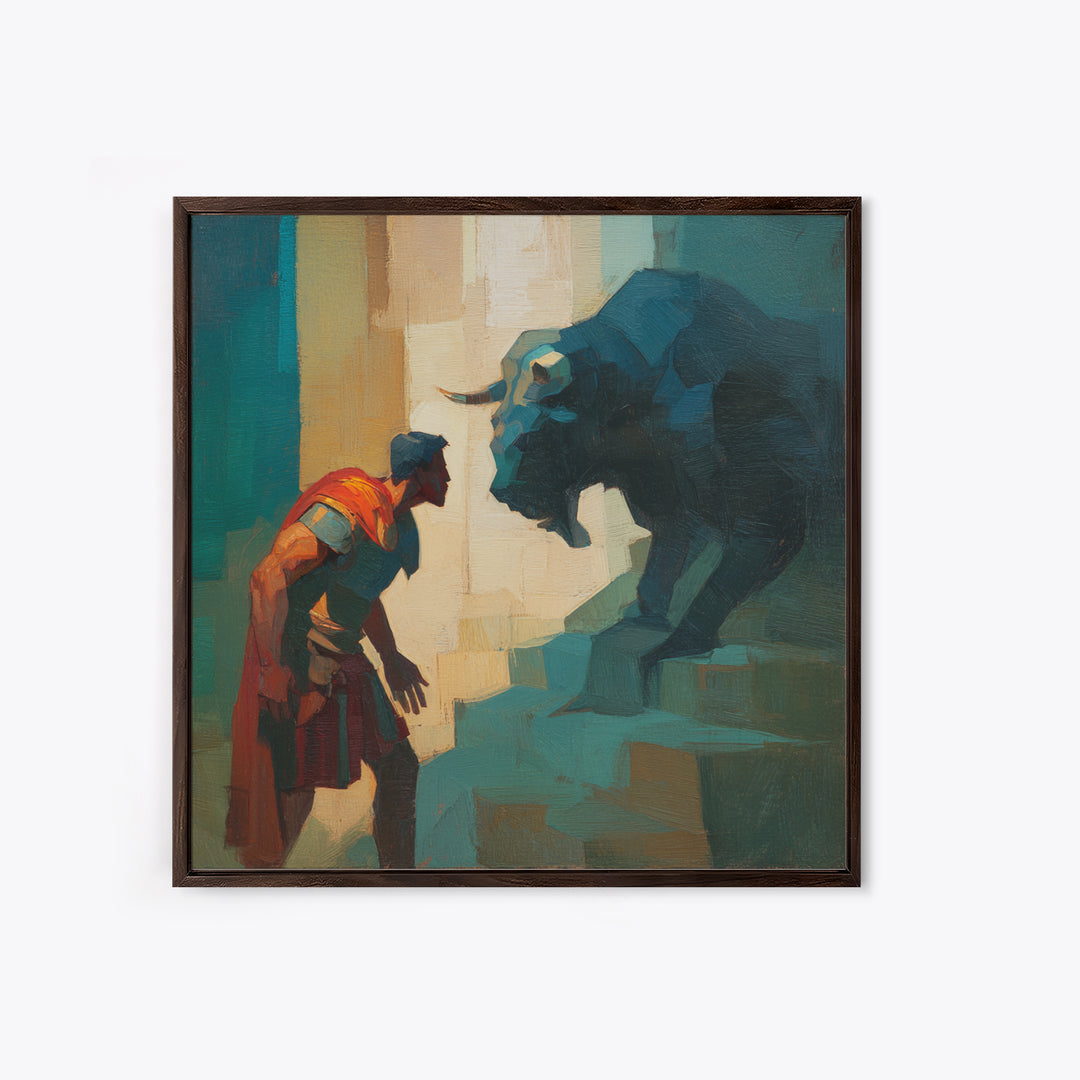 Brave Roman Facing Black Bull Wall Art, Mythological Animal Painting, Bold Modern Canvas For Masculine Office Decor Gift