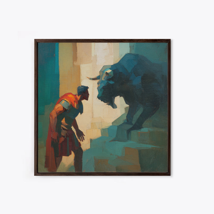 Brave Roman Facing Black Bull Wall Art, Mythological Animal Painting, Bold Modern Canvas For Masculine Office Decor Gift