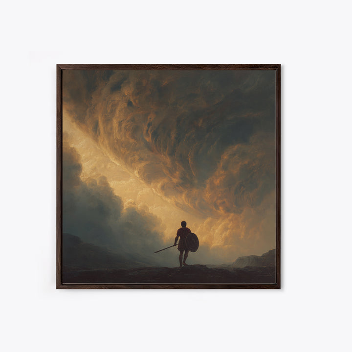 Warrior Beneath Golden Storm Clouds Canvas Print, Epic Fantasy Landscape Painting, Dramatic Wall Decor For Men, Living Room Decor