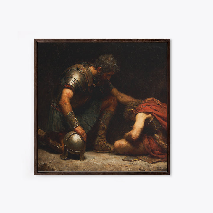 Wounded Ancient Soldier Kneeling By Armored Companion Canvas Print, Classical Wall Art, Mythological Art, Dark Academia Decor