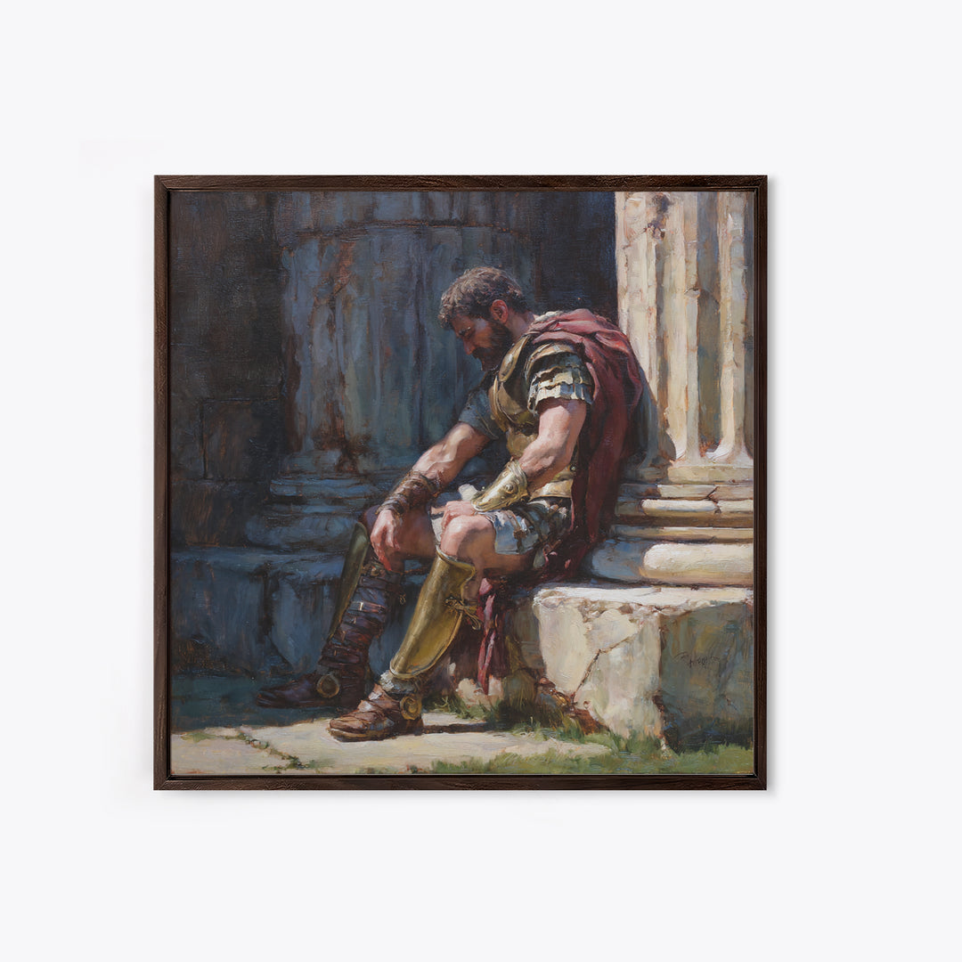 Weary Roman Soldier Resting Beside Columns Framed Canvas Print, Classical Portrait Art, Historical Wall Decor, Gift For Him