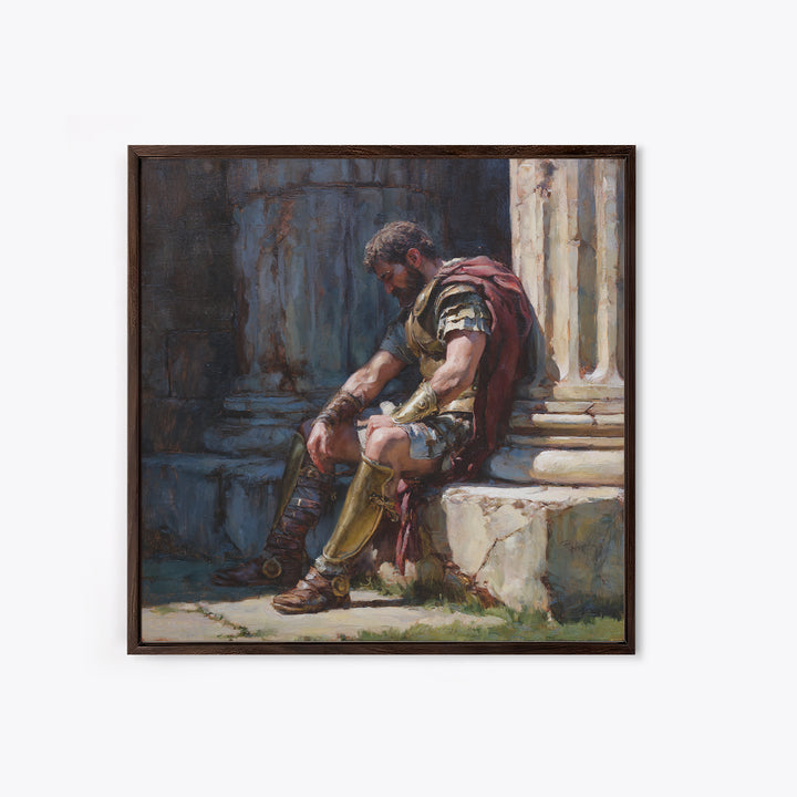 Weary Roman Soldier Resting Beside Columns Framed Canvas Print, Classical Portrait Art, Historical Wall Decor, Gift For Him