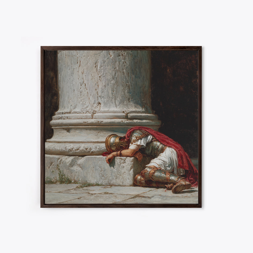 Fallen Roman Soldier Beside Marble Column, Classical Framed Canvas Print, Historical Wall Art, Ancient Rome Decor, Museum Style