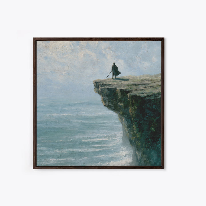 Lone Wanderer On Ocean Cliff Canvas Print, Moody Seascape Landscape Art, Coastal Fantasy Decor, Large Wall Art For Living Room