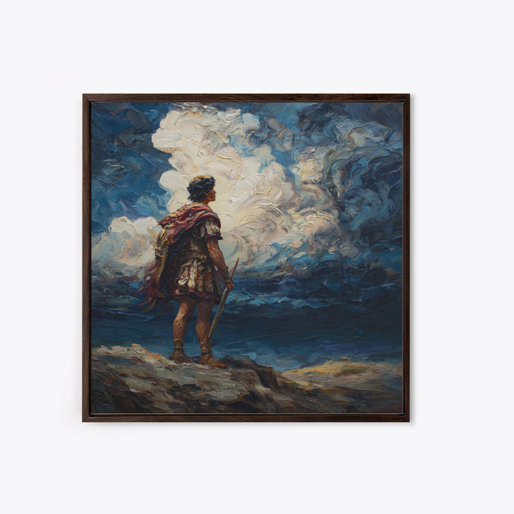 Roman Warrior Under Storm Clouds Framed Canvas Print, Dramatic Mythological Art, Dark Academia Office Decor Gift For Him