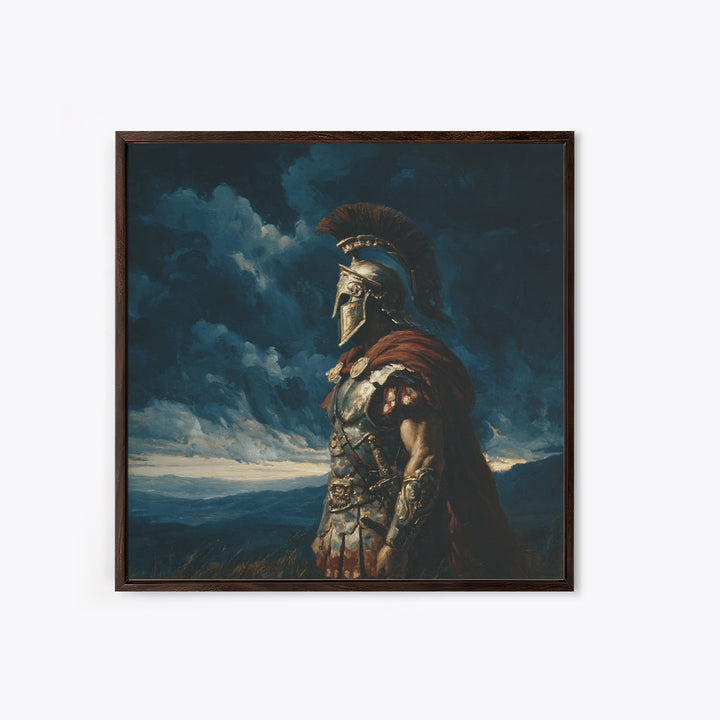 Stoic Roman Warrior Under Storm Clouds Framed Canvas Print, Mythological Art, Dark Academia Decor, Masculine Office Wall Art