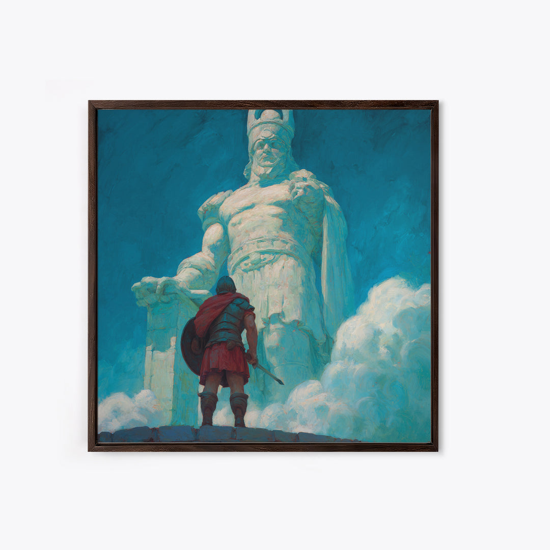 Hero Before Colossal Ancient Statue Framed Canvas Print, Fantasy Wall Art, Mythological Art, Blue Wall Decor, Gift For Him
