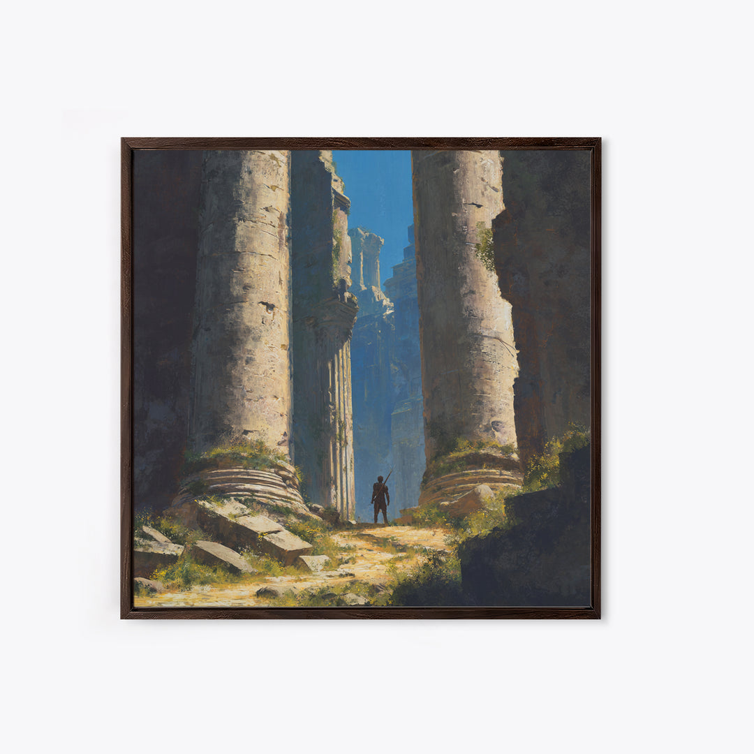 Lone Explorer In Ancient Ruins Wall Art, Fantasy Temple Landscape Painting, Dramatic Architecture Decor, Adventure Gift Idea